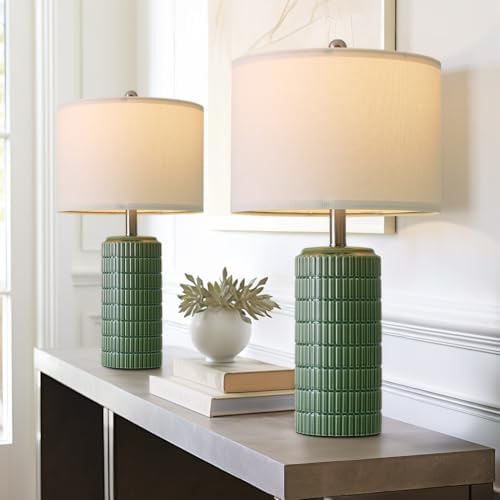 PoKat 24" Modern Ceramic Table Lamps Set of 2 for Bedroom, Green Bedside Lamps for Night Stands, Farmhouse House Decor