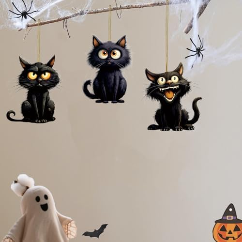 8 Pcs Halloween Tree Decoration Funny Cute Black Cat Designs Acrylic Pendant Cartoon Mini Kitten Halloween Tree Hanging Ornament DIY Craft Decoration Accessories for Holiday Party Supplies