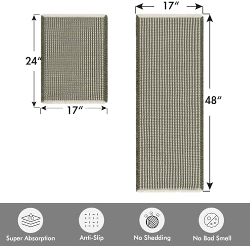 MIULEE Set of 2 Waffle Bathroom Rugs Green&Cream Bath Mat 17"x24"+17"x48"