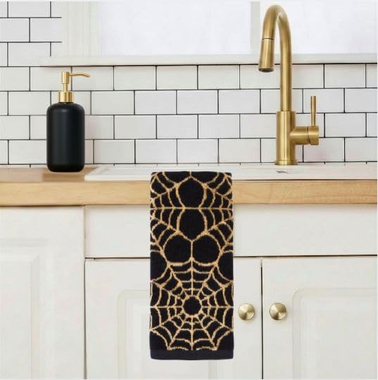 SKL Home Halloween Spider Web Hand Towel Set-2pc, 100% Cotton, Black/Gold