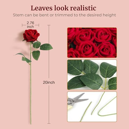 Auihiay 104pcs Red Roses Artificial Flowers, Realistic Faux Red Roses