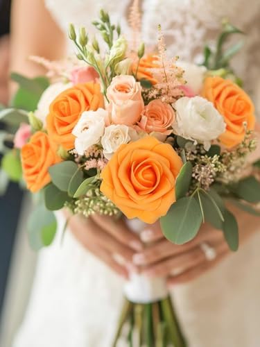 30PCS Orange Artificial Flowers, Real Touch Fake Roses for Fall Decorations