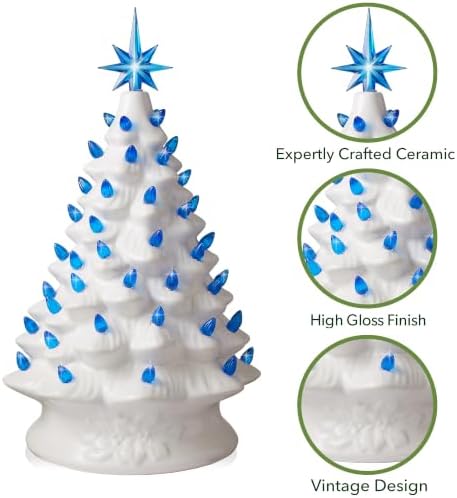 Casafield Hand Painted Ceramic Christmas Tree, White 15-Inch Pre-Lit Tree with 128 Pink and Blue Lights and 2 Star Toppers