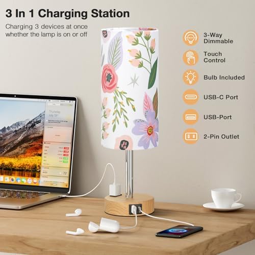 Fenmzee Floral Bedside Lamp for Bedroom, Dimmable Touch, USB A+C, AC Outlet