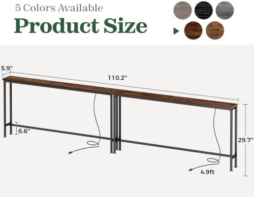 SUPERJARE 110.2 inch Narrow Behind Couch Table with Charging Stations