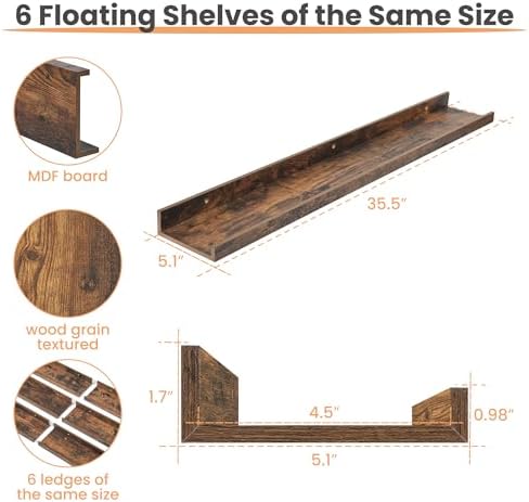 upsimples Floating Shelves for Wall Decor and Storage, Brown, 6Pcs 35.5''