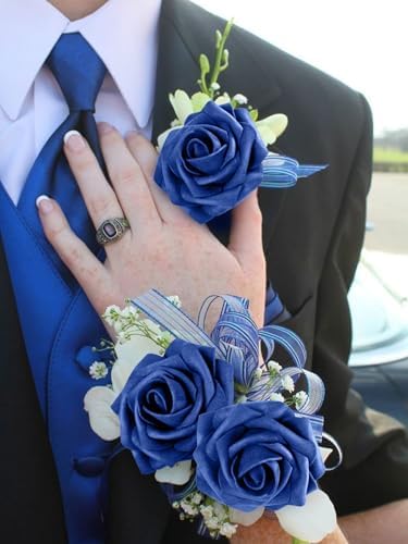 30PCS Royal Blue Artificial Roses with Stems, Real Touch Foam Flowers