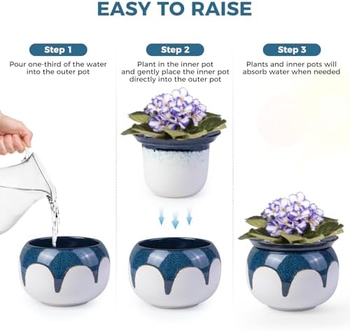 BUYMAX African Violet Pots, 6 inch Ceramic Easy Self Watering Plant Pot for Busy Plant Lovers, Automatically Absorb Appropriate Amount of Water, Flower Pot Indoor-Plants Not Included(Blue)