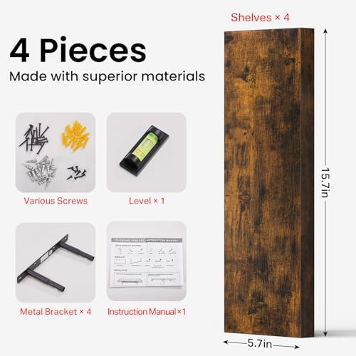 BAYKA Rustic Brown Floating Shelves 15.7in, Set of 4, Wall Mount Wood Shelf