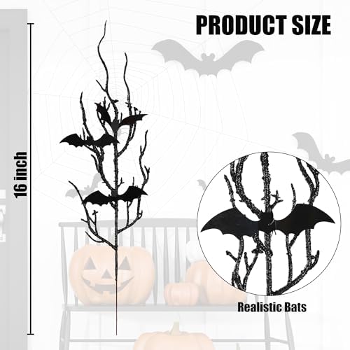 Sggvecsy 15 Pcs Artificial Halloween Glitter Stem with Black Bats Faux Picks Curly Willow Branches Decorative Glitter Sticks Twigs for Halloween DIY Crafts Festival Home Decoration