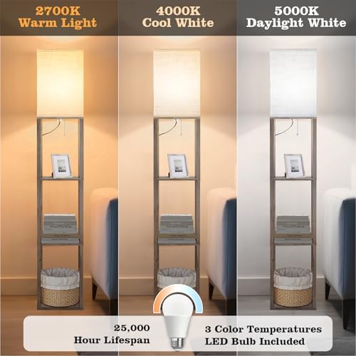 RUNTOP Floor Lamp with Shelves, Shelf Lamp with 3 Color Temperature LED Bulb,Lamps for Living Room, Standing Lamp