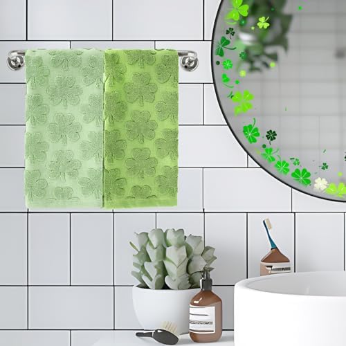Whaline 3 Pcs St. Patrick's Day Hand Towel 3D Jacquard Cotton Towel Absorbent Green Shamrock Clover Dish Towels for Irish Holiday Kitchen Bathroom, 13.8 x 29.5 Inch