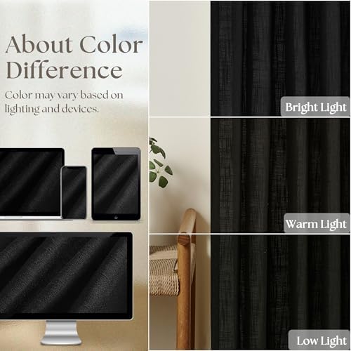 TWODRAPES Black Pinch Pleated Linen Semi Sheer 80 Inch Curtains 2 Panels