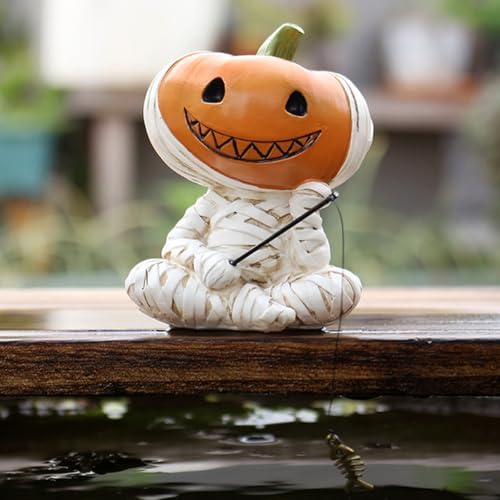Fishing Pumpkin Head Mummy Statue Funny Halloween Decorations, 3.15 Inch Cute Sitting Figurine Shelf Sitter Resin Sculpture for Outdoor Garden Yard Lawn Pond Waterfalls Pool Ornaments