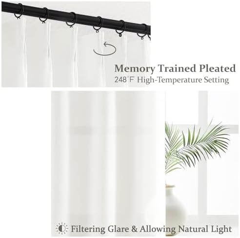PleatedDrapes Light Filtering Pure White Curtains 84 Inches Long for Living Room, Modern Linen Blend Textured Sheer