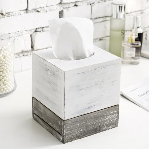 Tissue Box Cover Square Vintage White and Distressed Gray Wood Bathroom Tissue Box / White & Grey