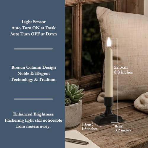 Homemory 6 Pcs Window Candles with Sensor Dusk to Dawn, White Light Electric Window Candle, Christmas Fake Candles Battery Operated, Led Candlesticks with Black Holders for Xmas Holiday Decor