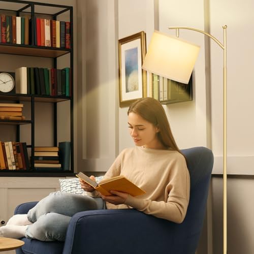 Ambimall 60" Floor Lamp for Living Room with 3 Color Temperatures, Adjustable White Shade with Gold Pole, Tall Lamp for
