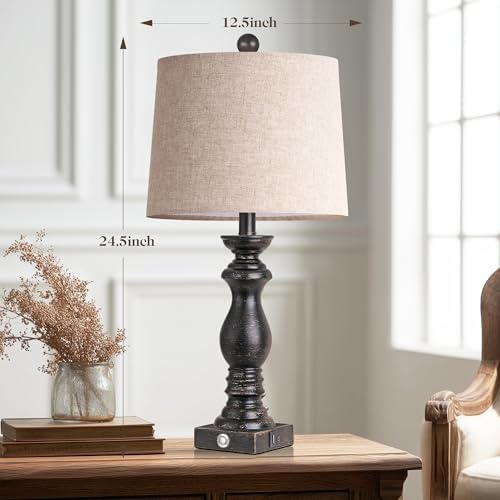 24.5" Table Lamp Set of 2, Rustic Farmhouse Bedside Lamps with USB A+C Charging Ports, 3-Way Dimmable Touch Control