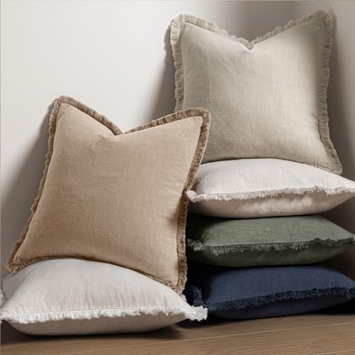 MIULEE Boho Linen Fringe Decorative Throw Pillow Covers Camel 18x18