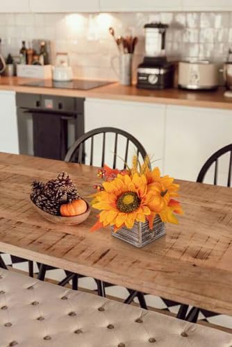 DILATATA Fall Decor Autumn Harvest Pumpkins Centerpiece - Artificial Sunflowers and Maple Leaves Arrangement in Wooden Box for Thanksgiving Party Mantel Fall Decor
