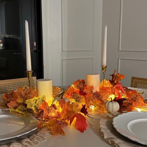CQURE 12 Pack Fall Leaf Garland,Artificial Fall Vines Autumn Garland Fall Maple Leaves Thanksgiving Decor for Home Wedding Fireplace Christmas(Light..)