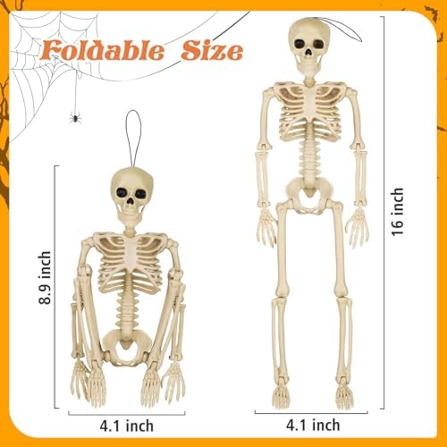 GoClimber 2 Pack Posable Small Halloween Skeleton, 16" Full Body Halloween Skeleton Decor with Movable Joints, Party Indoor Decorations