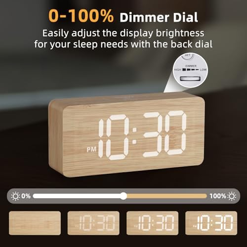 uscce Wooden Digital Alarm Clocks for Bedrooms with 0-100% Dimmable Display