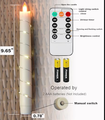 Flameless Cone Candle with Built-in Star String Light, 11-Button Remote Control, Timer, Battery Powered, Simulated Flame, 3-Pack Window Candle, Christmas Home & Wedding Decoration (White, red, Blue)