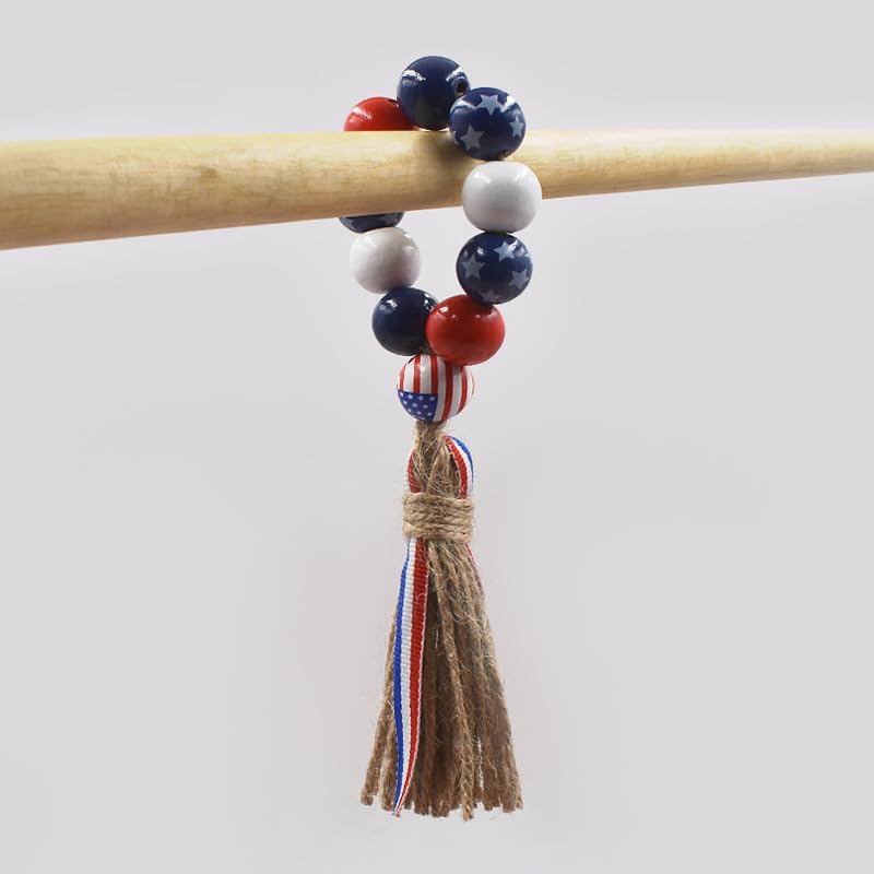 Patriotic Napkin Rings Set of 6,Wood Bead Napkin Holder Ring with Rope Tassel Farmhouse Wooden Beads Garland Wall Hanging Decor for Independence Day(Patriotic Napkin Rings)