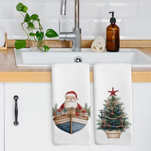 Nautical Christmas Tree Santa Kitchen Dish Towels 16x24, Set of 2