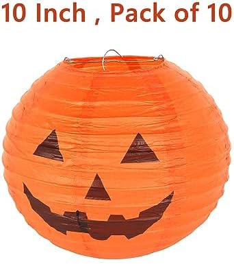 KESOTO 10 Inch Halloween Paper Pumpkin Lanterns Jack-O-Lanterns Hanging Halloween Decorations Outdoor Indoor Halloween Party Decorations, Pack of 10