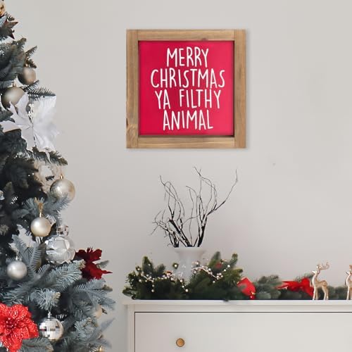 Merry Christmas Ya Filthy Animal Sign, Wooden Funny Xmas Decorative Signage Decor, Holiday Indoor Table Shelf Desk Bathroom Mantel Tiered Tray Wall Art Rustic Farmhouse Decorations for Home