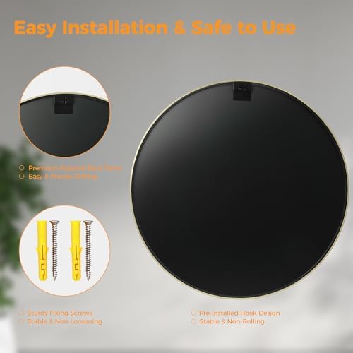 36 Inch Gold Round Bathroom Wall Mirror, Round Mirrors for Wall Decor, Circle Mirror for with HD Shatter-Proof Glass