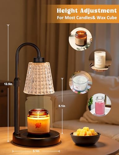 Innqoo Black Crystal Candle Warmer Lamp with Timer, Dimmable Candle Warmer for Jar Candles, Height Adjustable Wax Melts