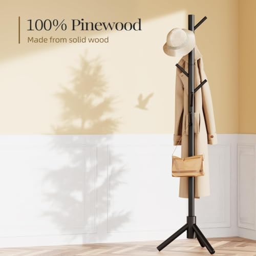 Pipishell Solid Wooden Coat Rack Freestanding with 8 Hooks, Black