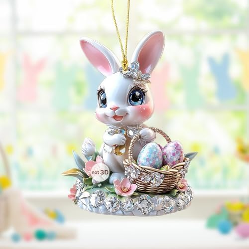 3 Pcs Easter Decorations Acrylic Hanging Ornaments Bunny Flower Garland Designs DIY Crafts Mini Rhinestones Glitter Rabbit Hanging Pendants for Easter Theme Decoration Supplies
