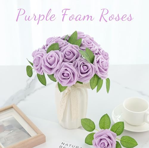 16 Pcs Purple Artificial Flowers, Fake Roses with Stems