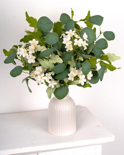 4Pcs 16" Artificial Eucalyptus & White Cherry Blossom Stems