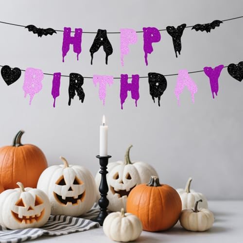 Happy Birthday Halloween Banner NO DIY Glitter Halloween Birthday Party Decorations for Home Office Wall Mantle Scary Party Decorations (Purple Black Pink)