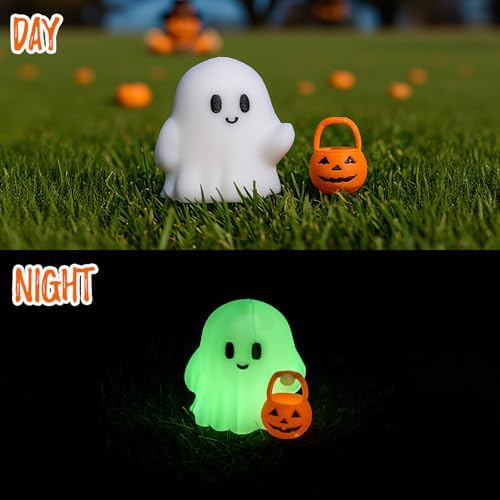 Halloween Decor Fluorescence Ghost Figurines Carrying Pumpkins – Mini Cute 3D Printing Spooky Table Statue Halloween Festive Decoration for Holiday Bookshelf Terrace Bedroom Indoor Home Tabletop Gifts