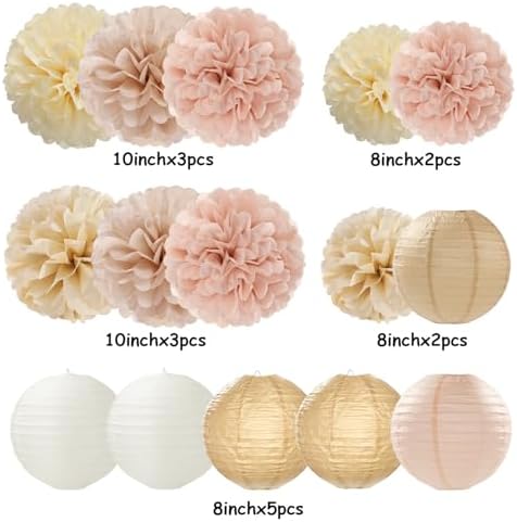 Champagne-Gold White Party-Decorations Paper-Flowers Lanterns - 15PCS Boho Fall Rustic Tissue Pom Poms Streamers,Wedding Baby Bridal Shower Neutral Autumn Birthday Hanging Supplies Decor Hugfond