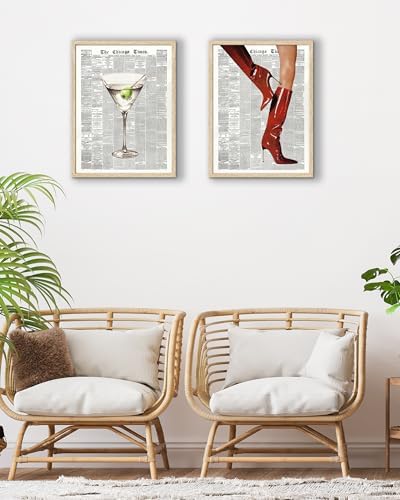 EcoHest 12x16 in Martini Newspaper Framed Wall Art for Bar Cart