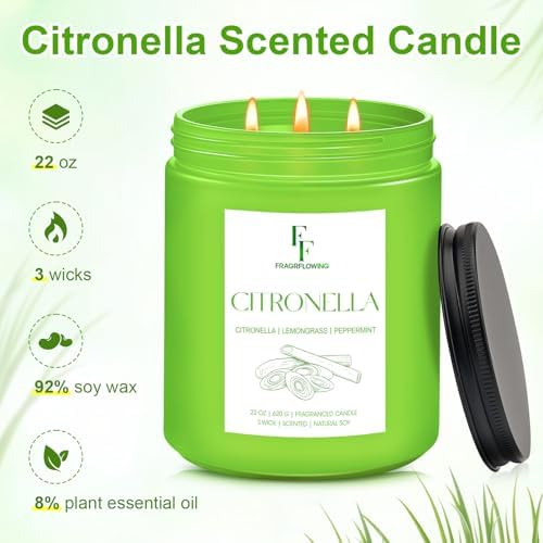 Citronella Large Scented Candle Outdoor Indoor, 3-Wick 22oz Long Lasting Scented Candle, Natural Soy Wax Aromatherapy