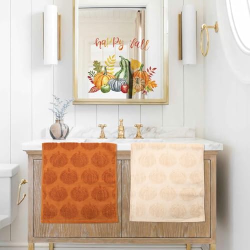 Whaline 3 Pcs Fall Hand Towel Beige Orange Brown 3D Pumpkin Jacquard Cotton Towel Absorbent Dish Towels for Autumn Harvest Thanksgiving Kitchen Bathroom, 13.8 x 29.5 Inch