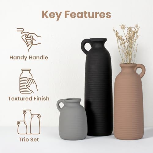 Set of 3 Matte Ceramic Vases with Handles, Textured Vases in Different Heights, Boho Farmhouse Decor for Dried Pampas