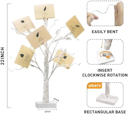 PEIDUO Money Tree, 22 Inch Gift Card Tree Holder with 6 Clips and 6 Greeting Cards, 24 Warm White Birch Tree with Lights, Christmas Tree Card Holder for Birthday Wedding Indoor Xmas Decorations