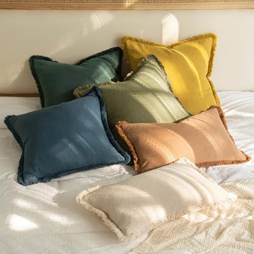 MIULEE Linen Fringe Decorative Euro Throw Pillow Covers Navy Blue 26x26