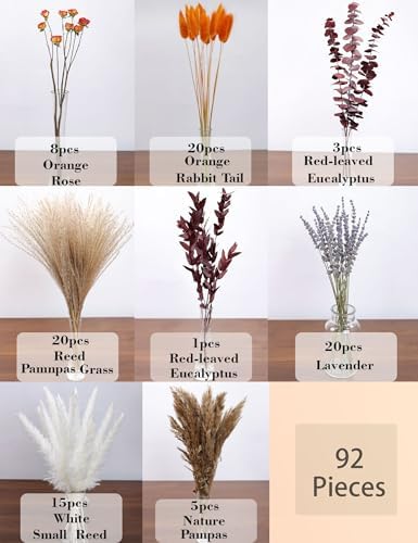 xin's convey Dried Flower Bouquet, 92 Stems Dried Flowers, Pampas Grass, Orange Roses Home Decor, Wedding Crafts, Living Room Accents, Vase Filler. (Orange)