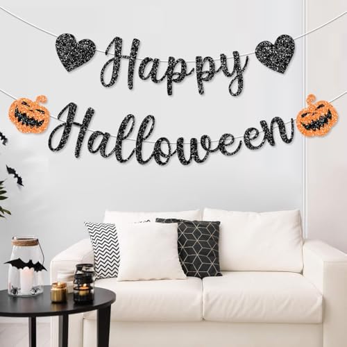 Pre-Strung Happy Halloween Decorations Banner Black Glitter